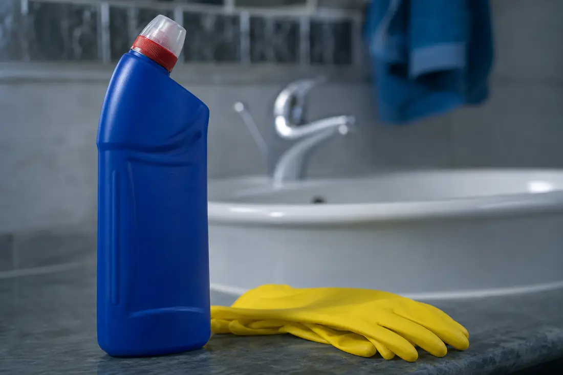 Flasche mit chemischem Rohrreiniger neben Schutzhandschuhen auf einem Badezimmerboden als Warnhinweis