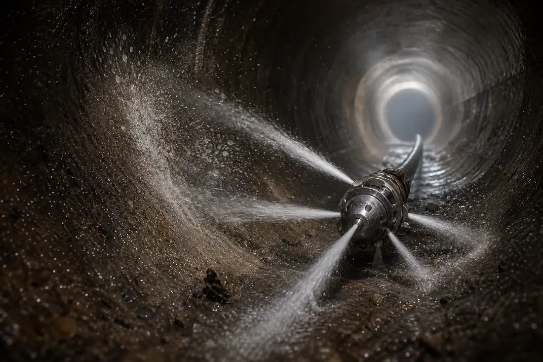 Rotierende Hochdruckdüse mit kräftigem Wasserstrahl bei der Reinigung eines Kanalrohrs von innen