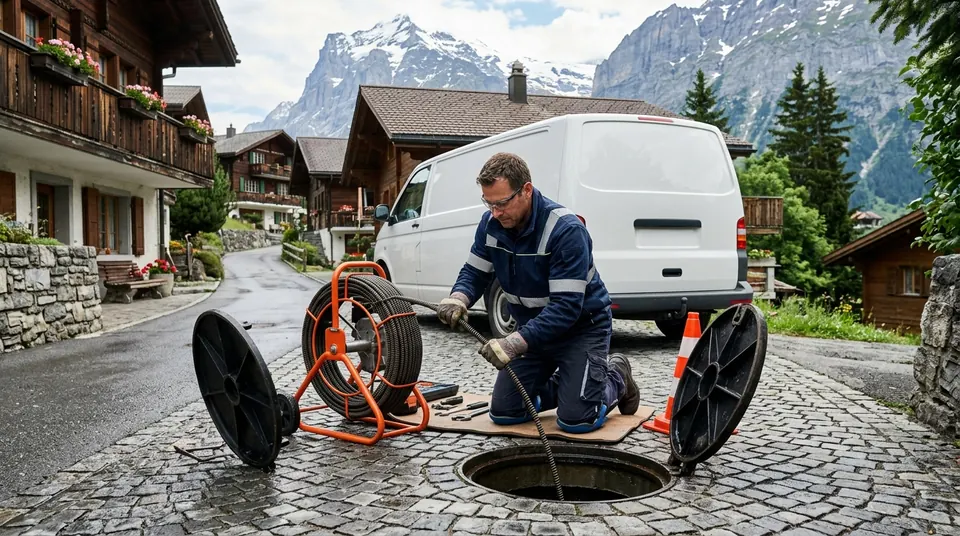 Rohrreinigungstechniker mit Spiralgerät
