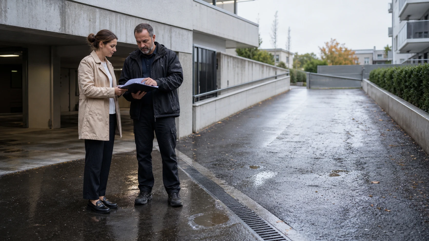 Hauswart und Verwalterin betrachten nach Regen eine sichere Zufahrt eines Schweizer Mehrfamilienhauses