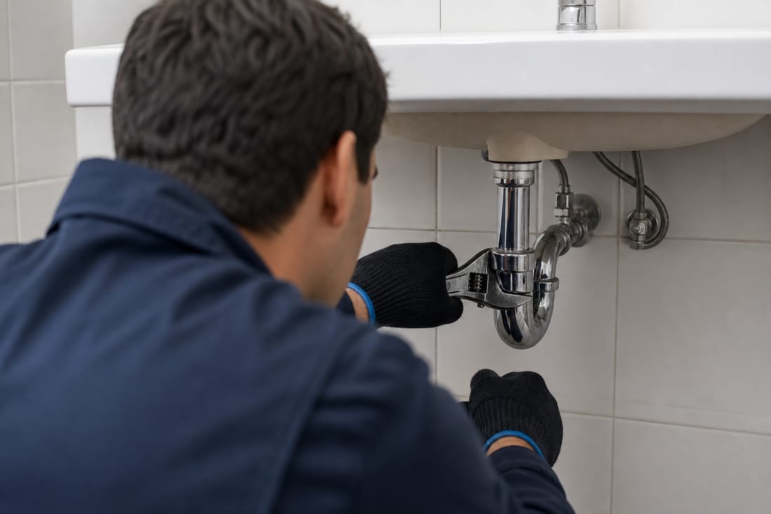 Beispiel: Techniker am Waschbeckenabfluss von hinten